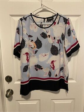 DKNY Light Blue Floral Short Sleeve Top with Black Trim